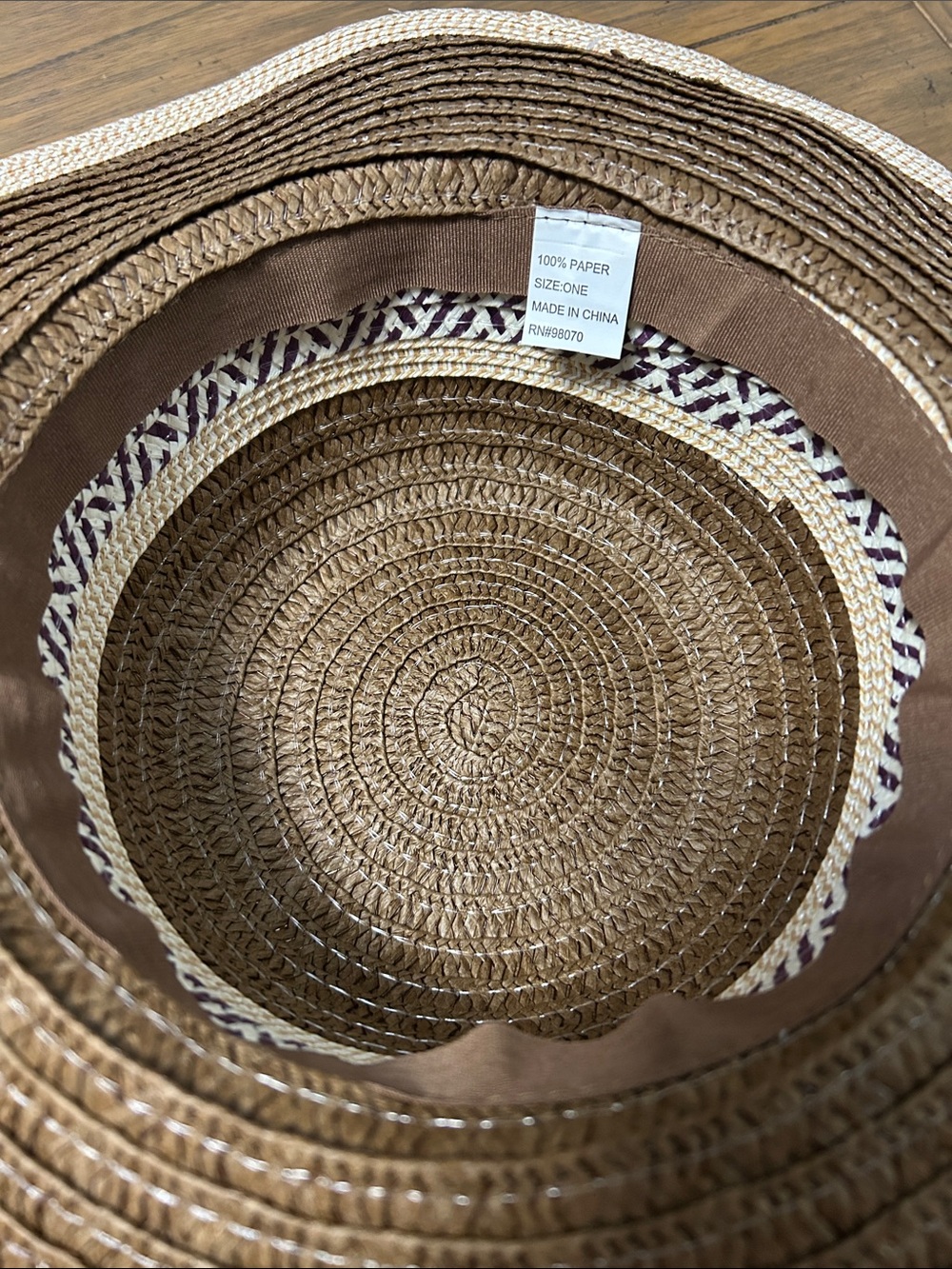 Brown Wide-Brim Straw Sun Hat with Cream Trim - Picture 5 of 5